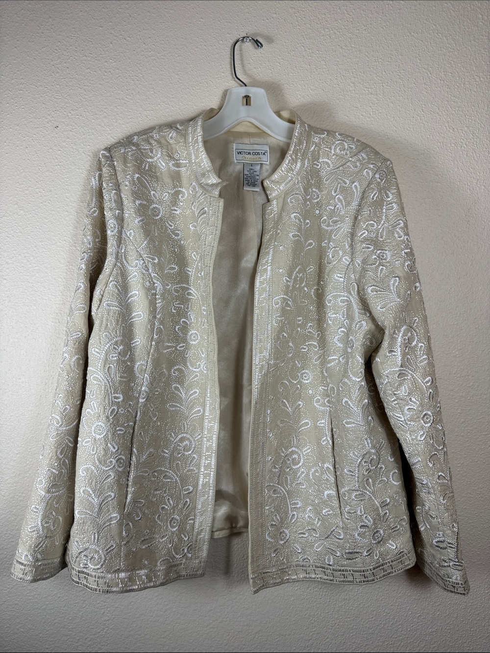 Victor Costa Cream Embroidered Open-Front Linen Blazer Business Formal Jacket